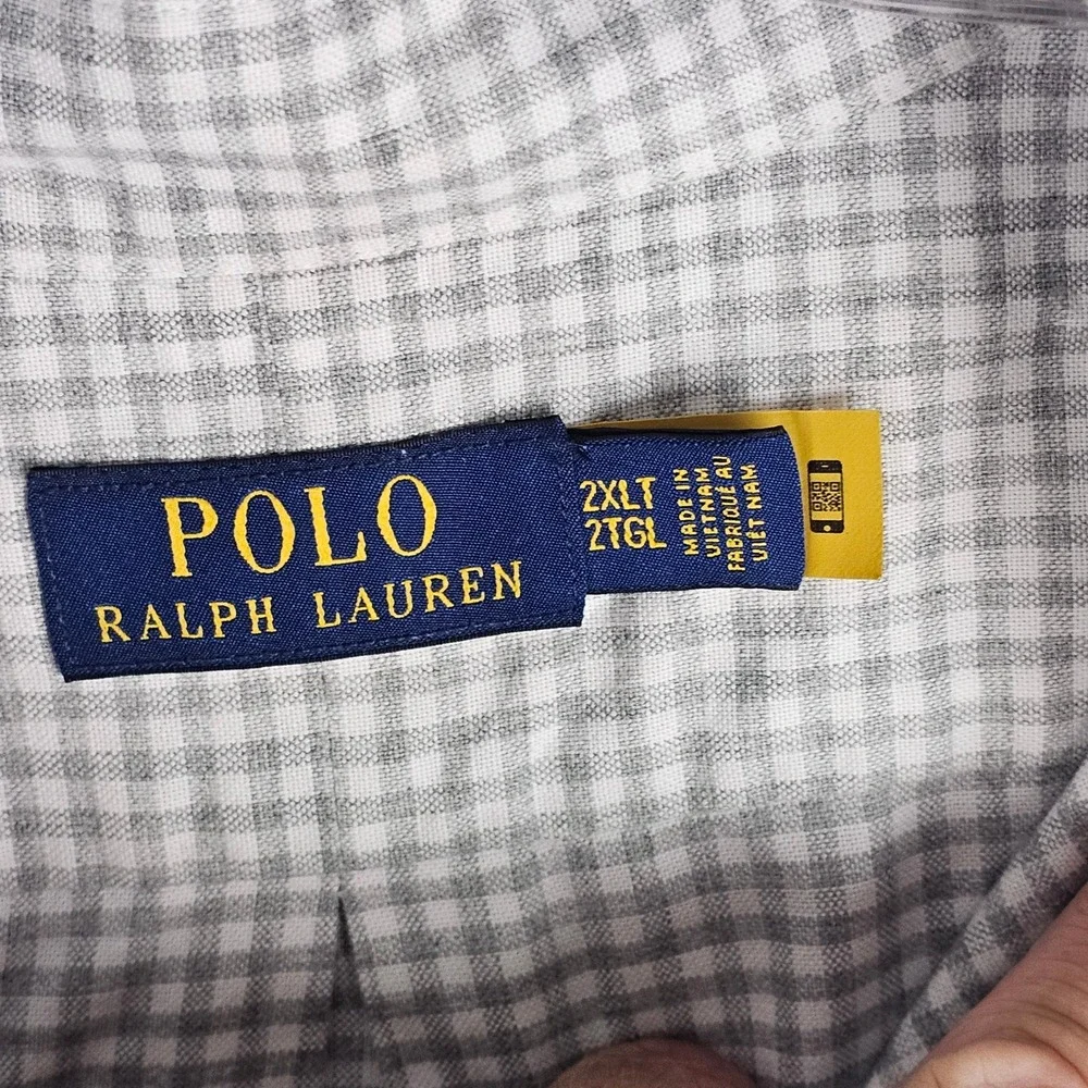 Polo Ralph Lauren Shirt Mens 2XLT Grey Gingham Check Button Down Long Sleeve